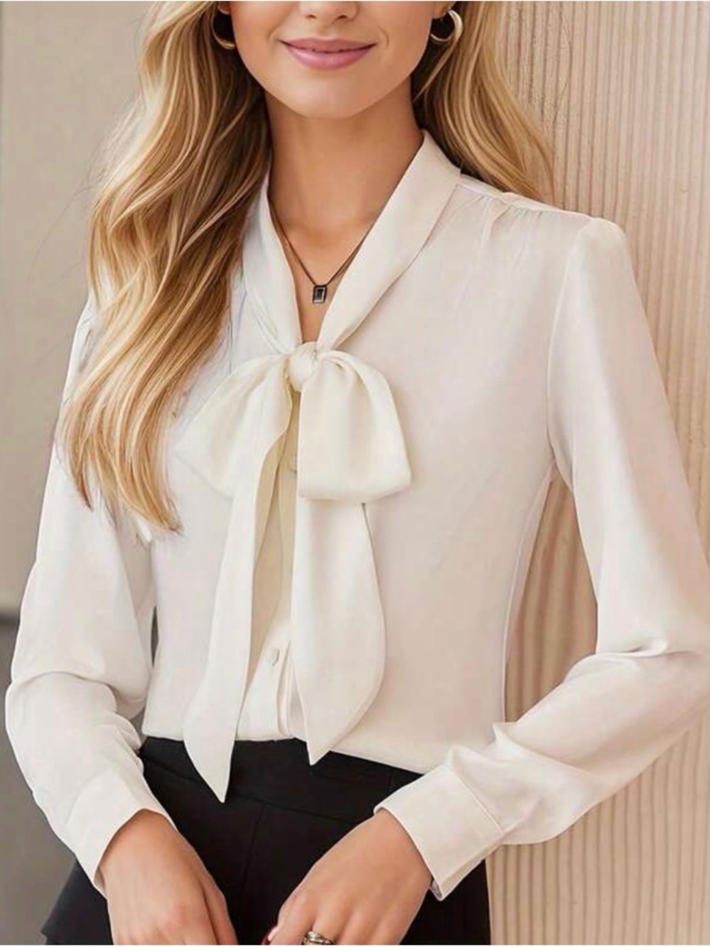 SHEIN Elegant Cream Tie-Neck Blouse